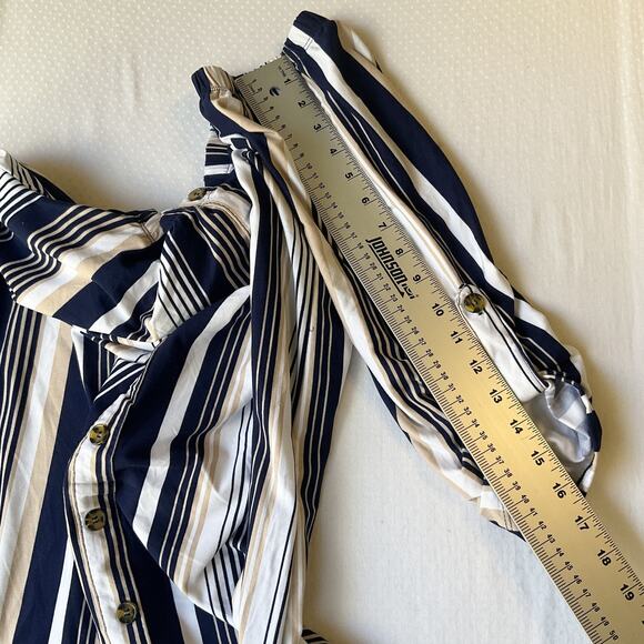No Comment NY-LA Women Mini Dress XL Navy Striped Shift 3/4 Sleeve Off Shoulder - Picture 8 of 9